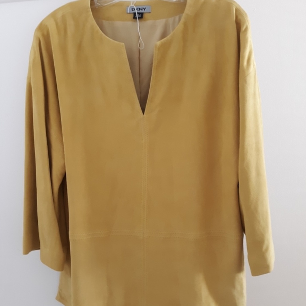 DKNY Suede V Neck Shirt in Came Color